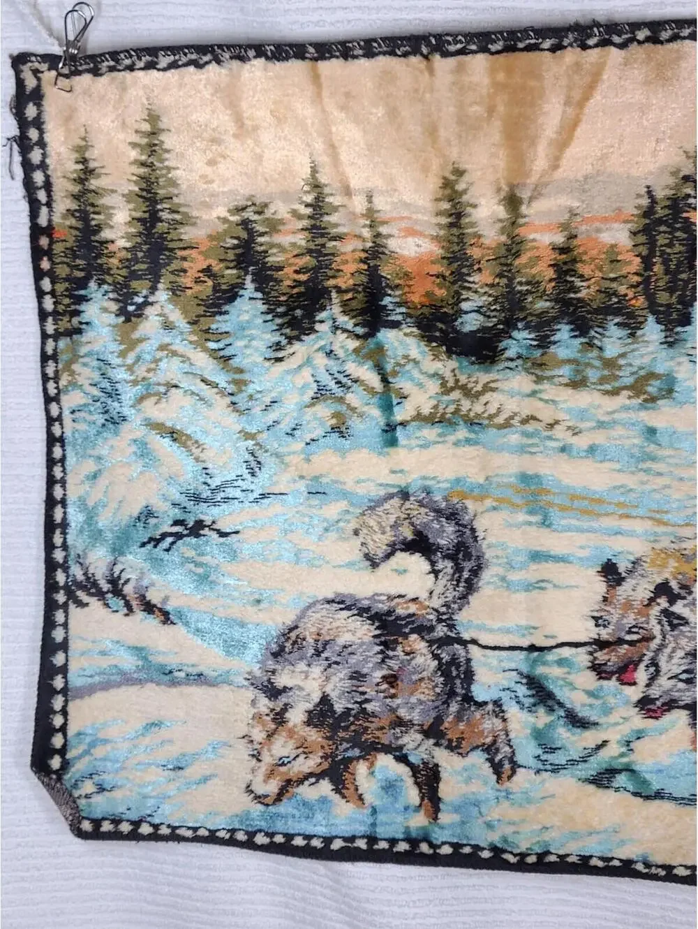 Vtg Velvet Tapestry Cotton Wall Art 41x20” Winter Sleigh Dogs Scene Retro